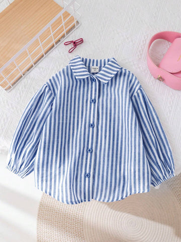 10pcs Fall & 5pcs Winter Young Girl Woven Striped Lapel Loose Casual Blouse, Blue & White 10pcs Fall & 5pcs Winter Young Girl Woven Striped Lapel Loose Casual Blouse, Blue & White