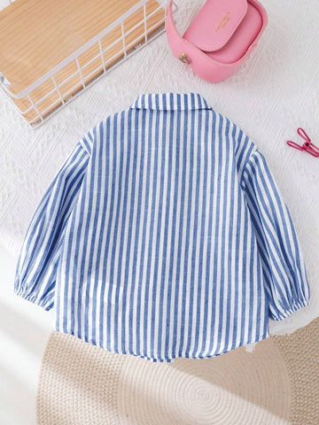 10pcs Fall & 5pcs Winter Young Girl Woven Striped Lapel Loose Casual Blouse, Blue & White 10pcs Fall & 5pcs Winter Young Girl Woven Striped Lapel Loose Casual Blouse, Blue & White