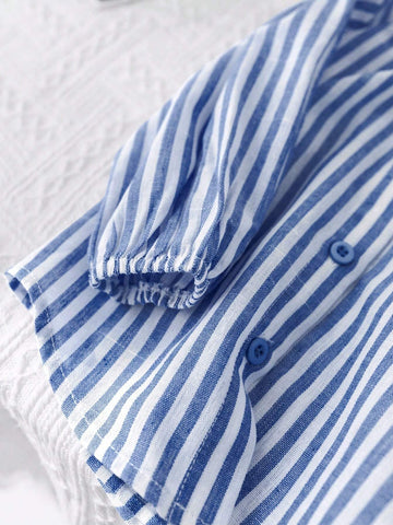 10pcs Fall & 5pcs Winter Young Girl Woven Striped Lapel Loose Casual Blouse, Blue & White 10pcs Fall & 5pcs Winter Young Girl Woven Striped Lapel Loose Casual Blouse, Blue & White
