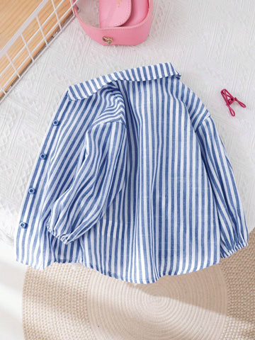 10pcs Fall & 5pcs Winter Young Girl Woven Striped Lapel Loose Casual Blouse, Blue & White 10pcs Fall & 5pcs Winter Young Girl Woven Striped Lapel Loose Casual Blouse, Blue & White