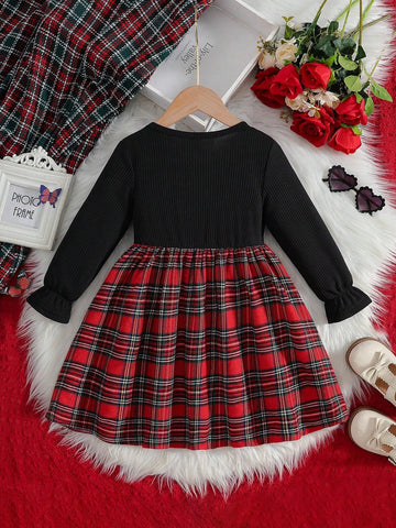 1pc Girl Santa Dress, Red Plaid Patchwork & White Shirt Design, Suspender Skirt, Suitable For Christmas Party, Autumn 1pc Girl Santa Dress, Red Plaid Patchwork & White Shirt Design, Suspender Skirt, Suitable For Christmas Party, Autumn
