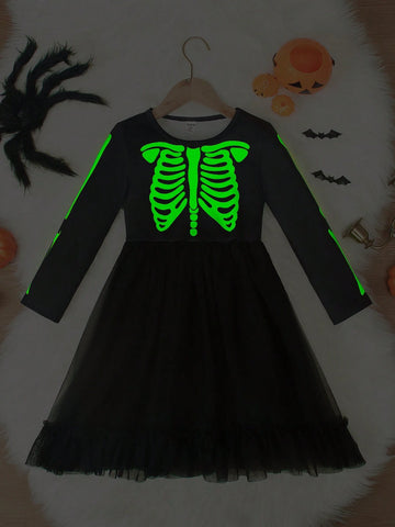 1pc Girls Casual Funny Glowing Black Long Sleeve Mesh Skirt With Luminous Skeleton, Suitable For Halloween, Autumn 1pc Girls Casual Funny Glowing Black Long Sleeve Mesh Skirt With Luminous Skeleton, Suitable For Halloween, Autumn