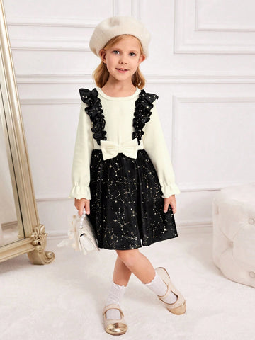 1pc Girls Elegant Apricot Knitted Bell-Sleeve Top With Contrast Black Velvet Bib Dress, Suitable For Party, Banquet In Autumn 1pc Girls Elegant Apricot Knitted Bell-Sleeve Top With Contrast Black Velvet Bib Dress, Suitable For Party, Banquet In Autumn