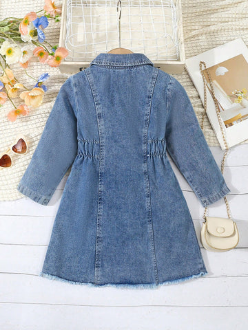 1pc Girls Toddler Denim Acid Wash Collared Button Down Cardigan, Casual For Spring & Autumn Wear, Suitable For Outings And Homewear. 1pc Girls Toddler Denim Acid Wash Collared Button Down Cardigan, Casual For Spring & Autumn Wear, Suitable For Outings And Homewear.