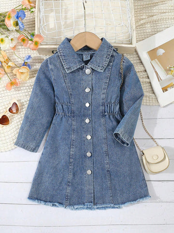 1pc Girls Toddler Denim Acid Wash Collared Button Down Cardigan, Casual For Spring & Autumn Wear, Suitable For Outings And Homewear. 1pc Girls Toddler Denim Acid Wash Collared Button Down Cardigan, Casual For Spring & Autumn Wear, Suitable For Outings And Homewear.