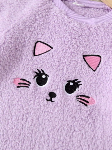 1pc Purple Cat Embroidered Casual Dress For Little Girls, Soft Fleece Warm Outfit 1pc Purple Cat Embroidered Casual Dress For Little Girls, Soft Fleece Warm Outfit