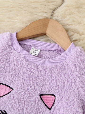 1pc Purple Cat Embroidered Casual Dress For Little Girls, Soft Fleece Warm Outfit 1pc Purple Cat Embroidered Casual Dress For Little Girls, Soft Fleece Warm Outfit