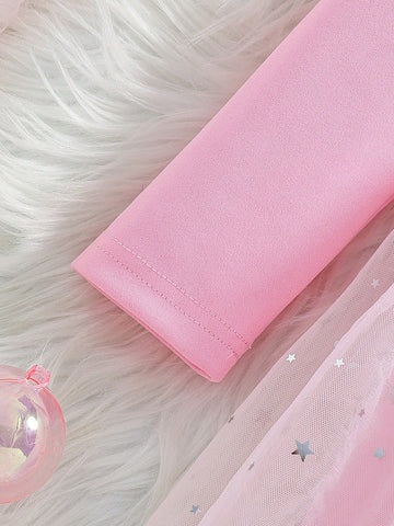 1pc Santa Dress For Girls, Elegant Red Knitted Fabric Christmas Reindeer & Bow Print, Mesh Patchwork Cap Sleeve Top And Dress 1pc Santa Dress For Girls, Elegant Red Knitted Fabric Christmas Reindeer & Bow Print, Mesh Patchwork Cap Sleeve Top And Dress