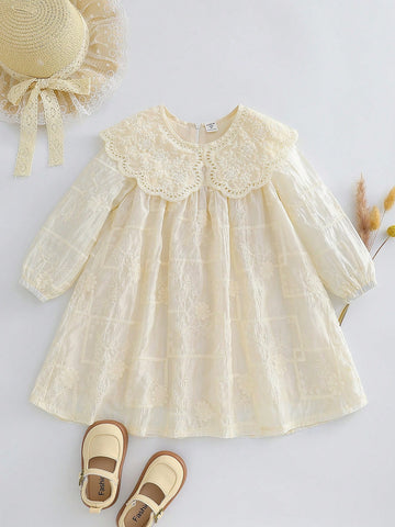 1pc Young Girl Apricot Lace Collar Loose A-Line Dress, Elegant And Sweet Party Wear 1pc Young Girl Apricot Lace Collar Loose A-Line Dress, Elegant And Sweet Party Wear