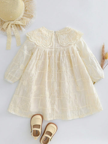 1pc Young Girl Apricot Lace Collar Loose A-Line Dress, Elegant And Sweet Party Wear 1pc Young Girl Apricot Lace Collar Loose A-Line Dress, Elegant And Sweet Party Wear