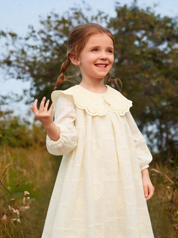 1pc Young Girl Apricot Lace Collar Loose A-Line Dress, Elegant And Sweet Party Wear 1pc Young Girl Apricot Lace Collar Loose A-Line Dress, Elegant And Sweet Party Wear