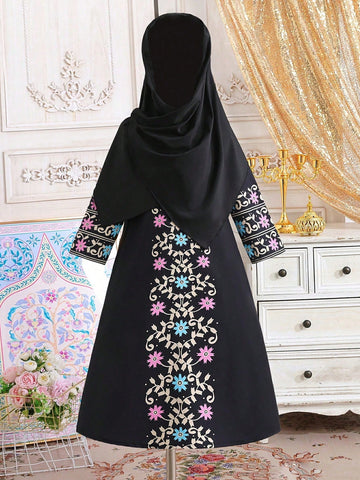 2pcs/Set Young Girls Ramadan Outfit - Traditional Pattern Long Sleeve Dress 2pcs/Set Young Girls Ramadan Outfit - Traditional Pattern Long Sleeve Dress