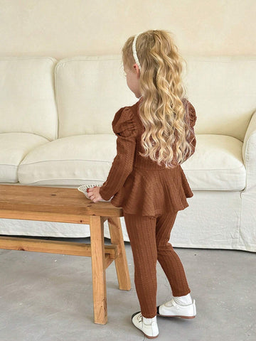 2pcs Young Girl Solid Knitted Raglan Sleeve Top And Fitted Casual Pants Set 2pcs Young Girl Solid Knitted Raglan Sleeve Top And Fitted Casual Pants Set