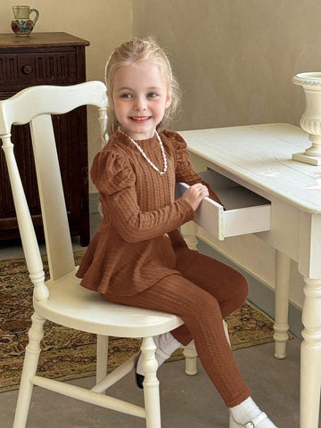 2pcs Young Girl Solid Knitted Raglan Sleeve Top And Fitted Casual Pants Set 2pcs Young Girl Solid Knitted Raglan Sleeve Top And Fitted Casual Pants Set