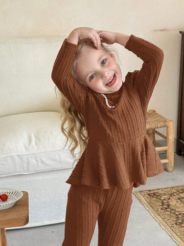 2pcs Young Girl Solid Knitted Raglan Sleeve Top And Fitted Casual Pants Set 2pcs Young Girl Solid Knitted Raglan Sleeve Top And Fitted Casual Pants Set