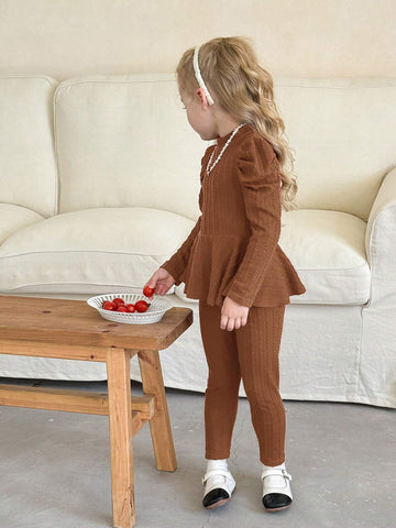 2pcs Young Girl Solid Knitted Raglan Sleeve Top And Fitted Casual Pants Set 2pcs Young Girl Solid Knitted Raglan Sleeve Top And Fitted Casual Pants Set