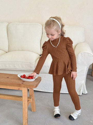 2pcs Young Girl Solid Knitted Raglan Sleeve Top And Fitted Casual Pants Set 2pcs Young Girl Solid Knitted Raglan Sleeve Top And Fitted Casual Pants Set