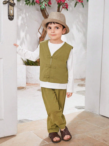 3pcs Young Boys' Traditional Hanfu Vest, Long Sleeved Round Neck T-Shirt, And Pants Set, Suitable For Daily Wear 3pcs Young Boys' Traditional Hanfu Vest, Long Sleeved Round Neck T-Shirt, And Pants Set, Suitable For Daily Wear