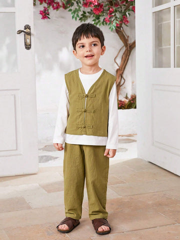 3pcs Young Boys' Traditional Hanfu Vest, Long Sleeved Round Neck T-Shirt, And Pants Set, Suitable For Daily Wear 3pcs Young Boys' Traditional Hanfu Vest, Long Sleeved Round Neck T-Shirt, And Pants Set, Suitable For Daily Wear