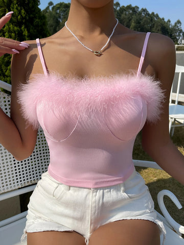 Contrast Fuzzy Ribbed Knit Cami Top Contrast Fuzzy Ribbed Knit Cami Top