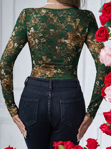 Ladies' Lace Patchwork Sweetheart Collared Bodysuit Ladies' Lace Patchwork Sweetheart Collared Bodysuit