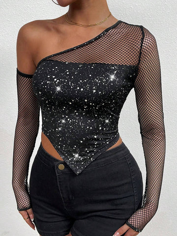 Women Sexy Black Halter Top With Sequin Mesh Splice Cutout Sleeves Women Sexy Black Halter Top With Sequin Mesh Splice Cutout Sleeves
