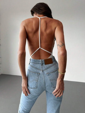 Minimalist Commuting Young Lady Strappy Open Back Fitted Bodysuit In Apricot Minimalist Commuting Young Lady Strappy Open Back Fitted Bodysuit In Apricot