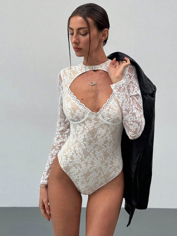 Women Sexy & Fashionable Front Cutout Lace Long Sleeve White Bodysuit Fall Women Clothes Long Sleeve For Women Dating Tops Women Sexy & Fashionable Front Cutout Lace Long Sleeve White Bodysuit Fall Women Clothes Long Sleeve For Women Dating Tops