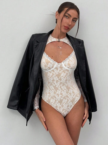 Women Sexy & Fashionable Front Cutout Lace Long Sleeve White Bodysuit Fall Women Clothes Long Sleeve For Women Dating Tops Women Sexy & Fashionable Front Cutout Lace Long Sleeve White Bodysuit Fall Women Clothes Long Sleeve For Women Dating Tops