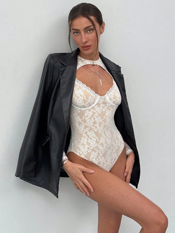 Women Sexy & Fashionable Front Cutout Lace Long Sleeve White Bodysuit Fall Women Clothes Long Sleeve For Women Dating Tops Women Sexy & Fashionable Front Cutout Lace Long Sleeve White Bodysuit Fall Women Clothes Long Sleeve For Women Dating Tops