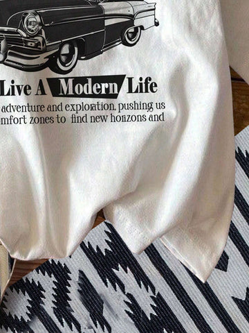 1pc Women Slim Fit Car Graphic White Crew Neck Short Sleeve T-Shirt, Casual Vintage Style 1pc Women Slim Fit Car Graphic White Crew Neck Short Sleeve T-Shirt, Casual Vintage Style