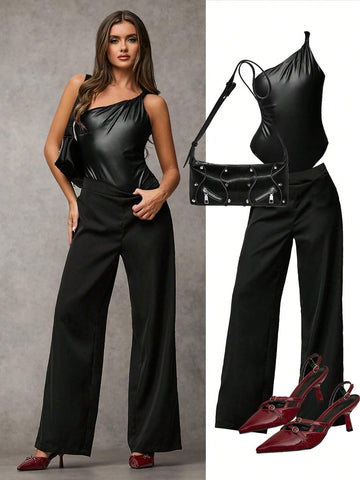 Burgundy Solid Color Minimalist Fashion Versatile Party Gathering Daily Sexy PU Leather Asymmetrical Twist Shoulder Sleeveless Bodysuit, Suitable For Autumn Burgundy Solid Color Minimalist Fashion Versatile Party Gathering Daily Sexy PU Leather Asymmetrical Twist Shoulder Sleeveless Bodysuit, Suitable For Autumn