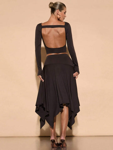 Fall Outfits For Women: Elegant Knit Backless Top With Asymmetrical Hem Skirt Set, Perfect For Casual Dates, Parties, And Everyday Wear Fall Outfits For Women: Elegant Knit Backless Top With Asymmetrical Hem Skirt Set, Perfect For Casual Dates, Parties, And Everyday Wear