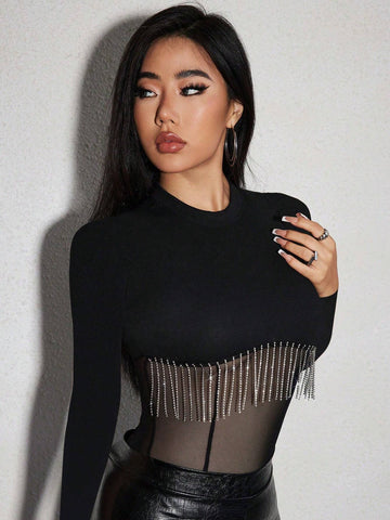 Knitted Ribbed Panel See-Through Bodysuit With Rhinestone & Tassel Decor Knitted Ribbed Panel See-Through Bodysuit With Rhinestone & Tassel Decor