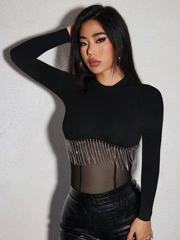 Knitted Ribbed Panel See-Through Bodysuit With Rhinestone & Tassel Decor Knitted Ribbed Panel See-Through Bodysuit With Rhinestone & Tassel Decor