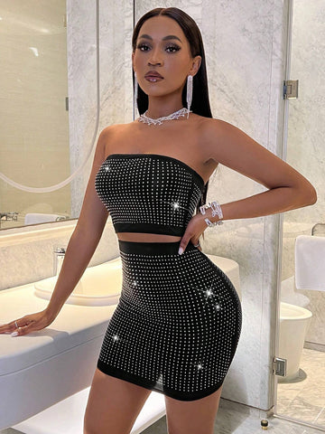 Ladies' Strapless Top And Bodycon Mini Skirt Set With Rhinestone Embellishment Ladies' Strapless Top And Bodycon Mini Skirt Set With Rhinestone Embellishment