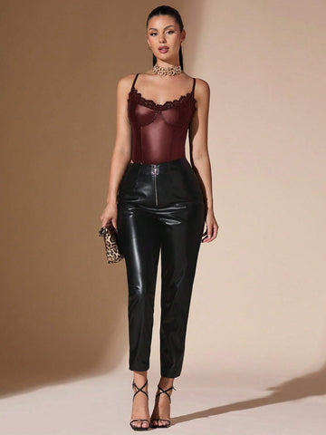 Solid Color Lace Patchwork PU Leather Bodysuit, Autumn/Winter Solid Color Lace Patchwork PU Leather Bodysuit, Autumn/Winter