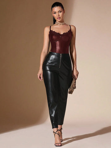 Solid Color Lace Patchwork PU Leather Bodysuit, Autumn/Winter Solid Color Lace Patchwork PU Leather Bodysuit, Autumn/Winter