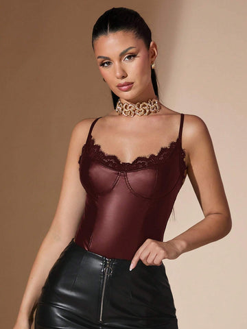 Solid Color Lace Patchwork PU Leather Bodysuit, Autumn/Winter Solid Color Lace Patchwork PU Leather Bodysuit, Autumn/Winter