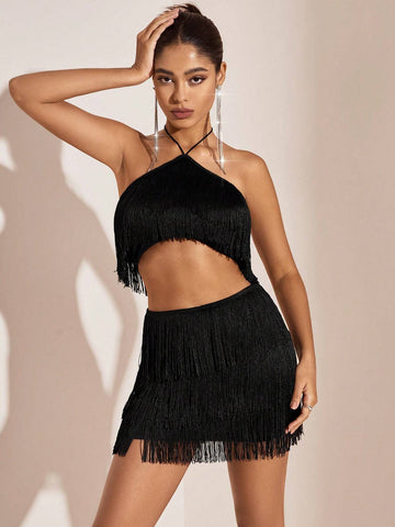 Solid Black Halter Top And Skirt Set For Music Festival, Summer Solid Black Halter Top And Skirt Set For Music Festival, Summer