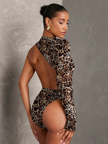 Solid Color Casual Backless Long Sleeve Bodysuit, Elegant For Dating, Shiny Party, Minimalist Solid Color Casual Backless Long Sleeve Bodysuit, Elegant For Dating, Shiny Party, Minimalist