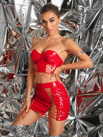 Solid Color Criss-Cross Tie Back Crop Top And Skirt Set Solid Color Criss-Cross Tie Back Crop Top And Skirt Set