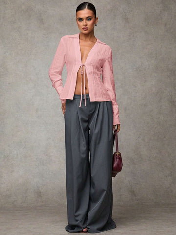 Solid Tie Front Long Sleeve Shirt, Versatile Daily/Work Wear, Front Tie Design, Long Sleeve Shirt, Solid Tie Front Long Sleeve Shirt, Versatile Daily/Work Wear, Front Tie Design, Long Sleeve Shirt,