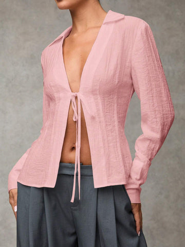 Solid Tie Front Long Sleeve Shirt, Versatile Daily/Work Wear, Front Tie Design, Long Sleeve Shirt, Solid Tie Front Long Sleeve Shirt, Versatile Daily/Work Wear, Front Tie Design, Long Sleeve Shirt,
