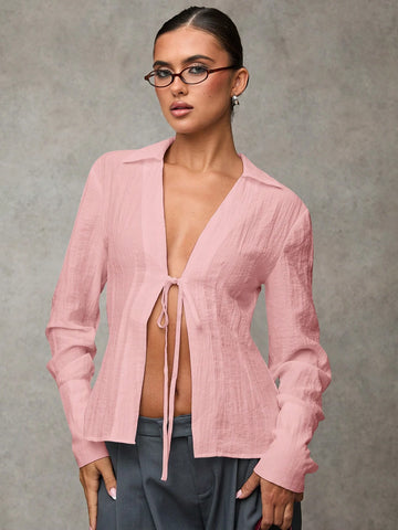 Solid Tie Front Long Sleeve Shirt, Versatile Daily/Work Wear, Front Tie Design, Long Sleeve Shirt, Solid Tie Front Long Sleeve Shirt, Versatile Daily/Work Wear, Front Tie Design, Long Sleeve Shirt,