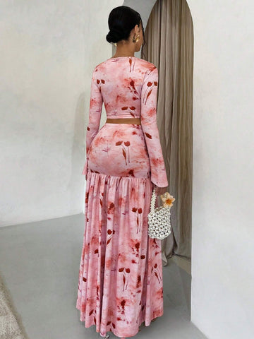 Vintage Tie Dye Print Asymmetrical Collar Stitching Ruched Top & Skirt Set Vintage Tie Dye Print Asymmetrical Collar Stitching Ruched Top & Skirt Set