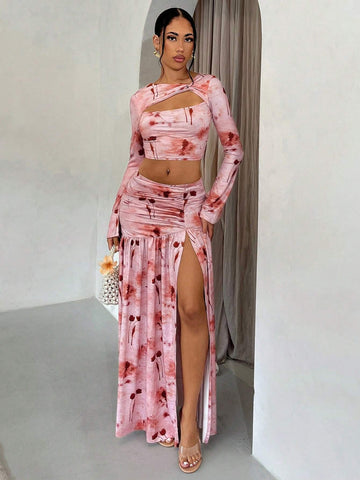 Vintage Tie Dye Print Asymmetrical Collar Stitching Ruched Top & Skirt Set Vintage Tie Dye Print Asymmetrical Collar Stitching Ruched Top & Skirt Set