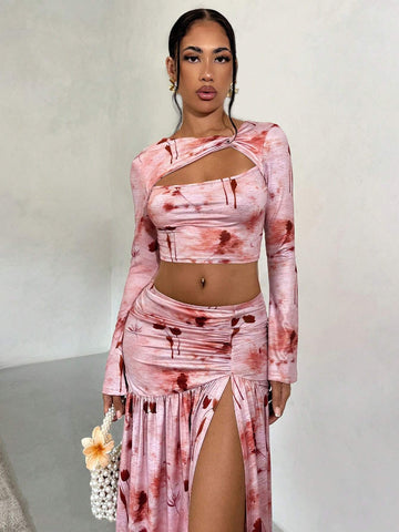 Vintage Tie Dye Print Asymmetrical Collar Stitching Ruched Top & Skirt Set Vintage Tie Dye Print Asymmetrical Collar Stitching Ruched Top & Skirt Set