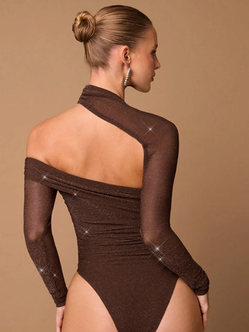 Women Mesh Long Sleeve Asymmetric Ruched Slim Fitted Top, Autumn/Winter Women Mesh Long Sleeve Asymmetric Ruched Slim Fitted Top, Autumn/Winter