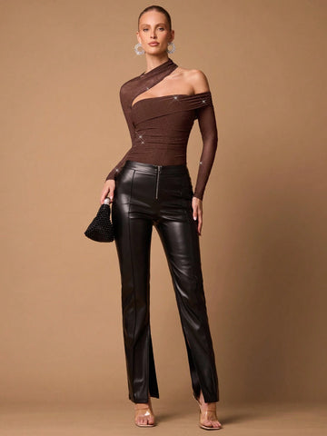 Women Mesh Long Sleeve Asymmetric Ruched Slim Fitted Top, Autumn/Winter Women Mesh Long Sleeve Asymmetric Ruched Slim Fitted Top, Autumn/Winter